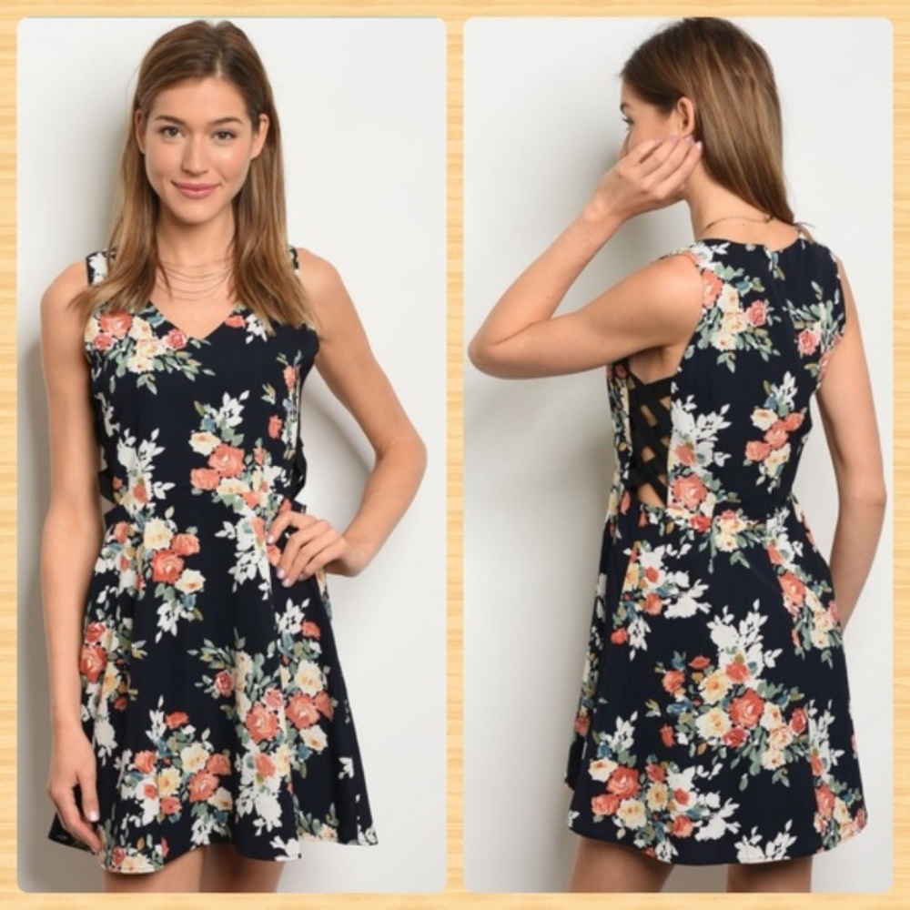 Navy floral fit and flare cutout sleeveless dress S M L